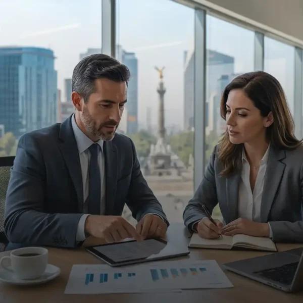 contador profesional asesorando a un cliente en una oficina