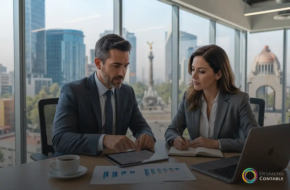 contador profesional asesorando a un cliente en una oficina