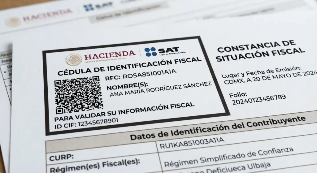 Detalle de una Constancia de Situación Fiscal mexicana en el que aparece la Cédula de Identificación Fiscal junto con el RFC del contribuyente y un código QR utilizado como elemento de verificación de la información fiscal registrada ante el SAT.