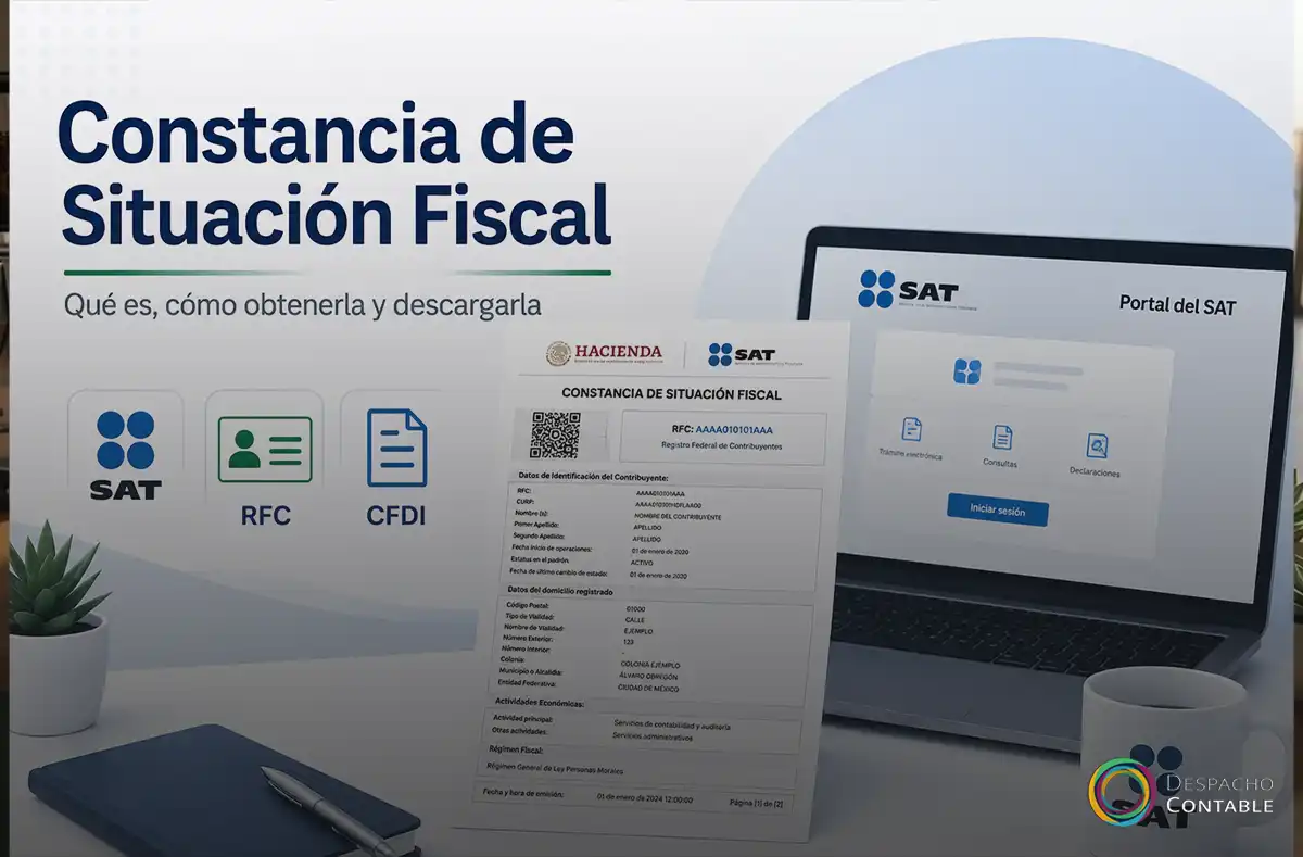 Constancia de Situación Fiscal del SAT de México, documento que contiene el RFC, datos de identificación, domicilio, régimen fiscal y actividades económicas del contribuyente.