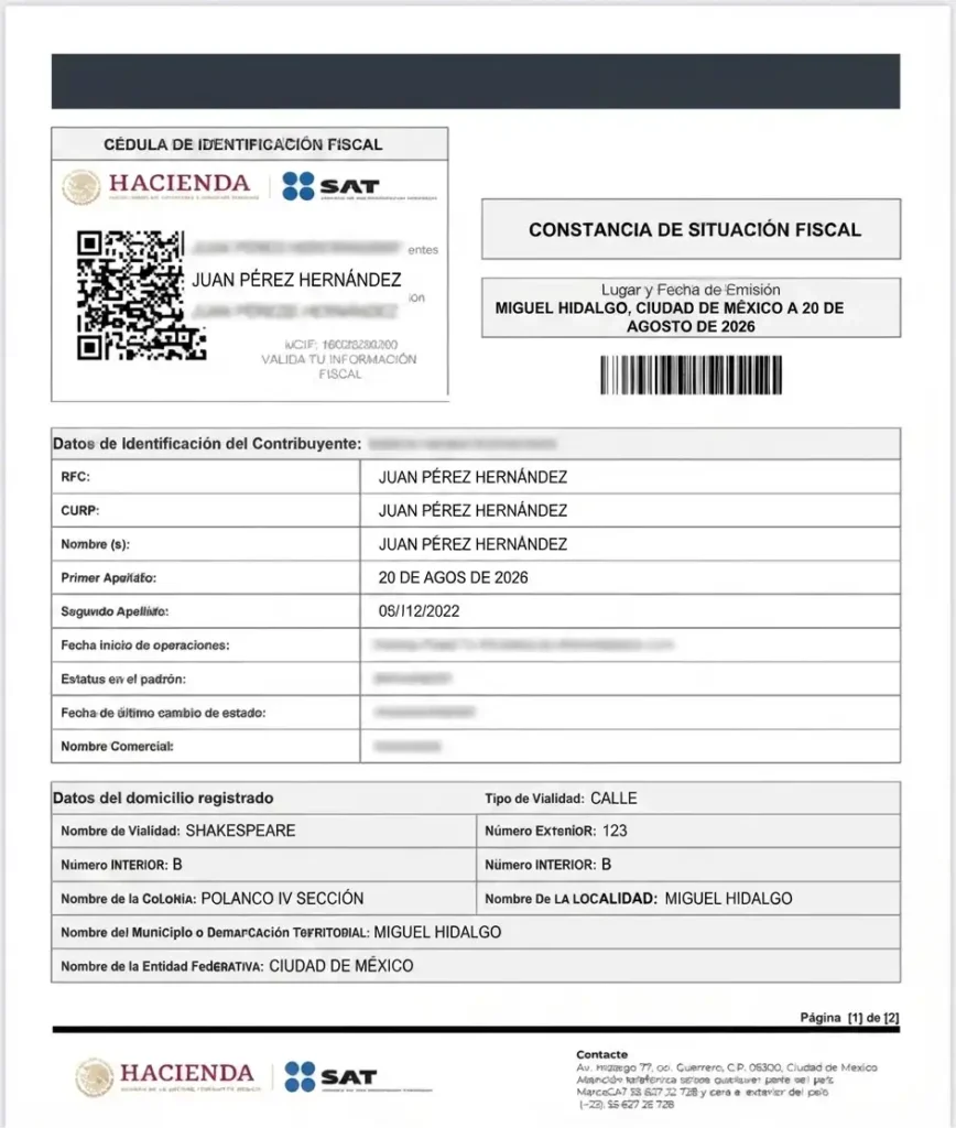 Ejemplo de una Constancia de Situación Fiscal emitida por el SAT, documento oficial que avala los datos de identificación y régimen fiscal de un contribuyente en México